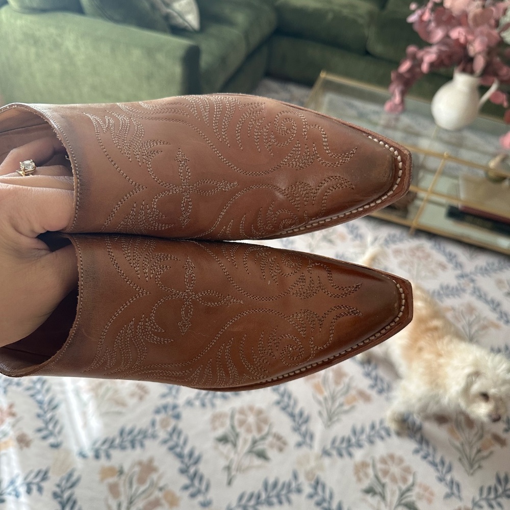 Lucchese Brown Leather Western Mule Booties Size 8B Snip Toe Embroidered Cowboy - Picture 2 of 5